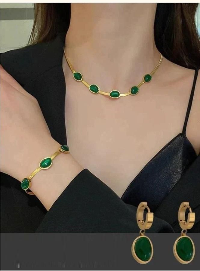 Oval Green Crystal Pendant Necklace Earrings With Bracelet
